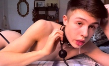 Skinny gay twink enjoys hot solo jerk off on bed