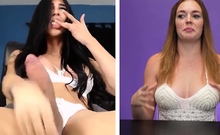 Short haired babe reacts to shemale porn